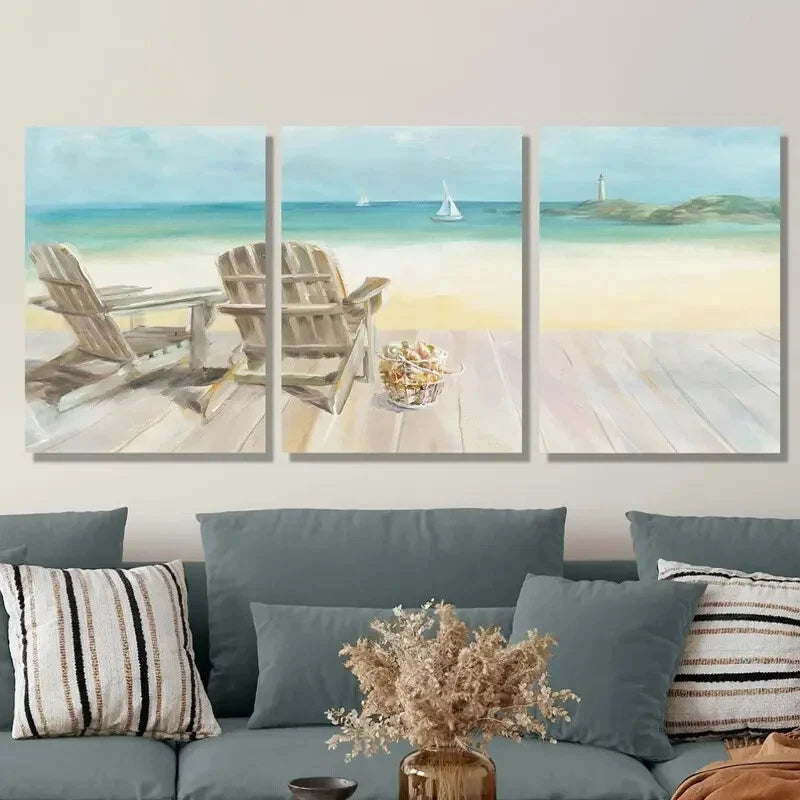 3pcs Beach Chair and Ocean View Metal Print Ready to Hang Art