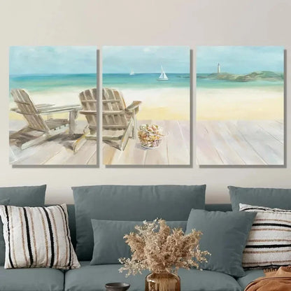 3pcs Beach Chair and Ocean View Metal Print Ready to Hang Art