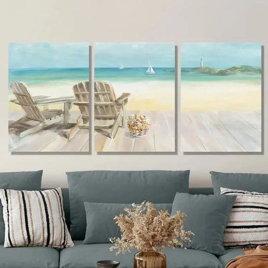 3pcs Beach Chair and Ocean View Metal Print Ready to Hang Art