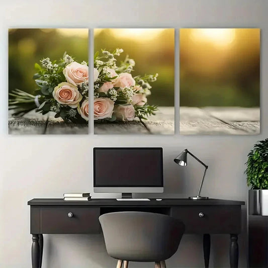 3pcs Double-Sided Floral Pastel Pink Roses Elegant Metal Print Ready to Hang Art