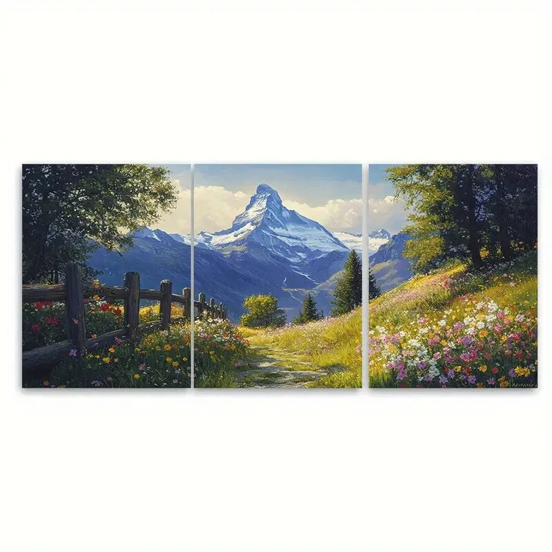 3pcs Oil Painting with Matterhorn Wildflowers Metal Print Ready to Hang Art