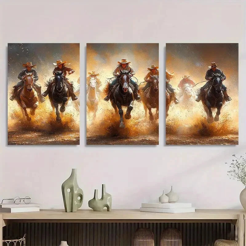 3pcs Cowgirls Riding Horses Western Style Metal Print Ready to Hang Art