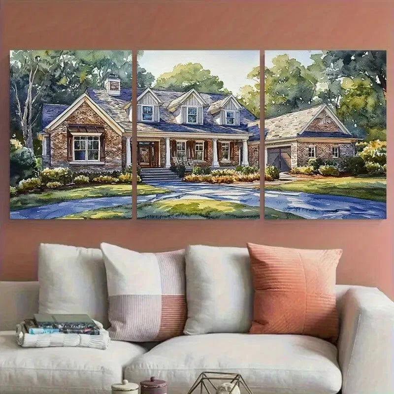 3pcs Custom House Portrait Illustration Metal Print Ready to Hang Art