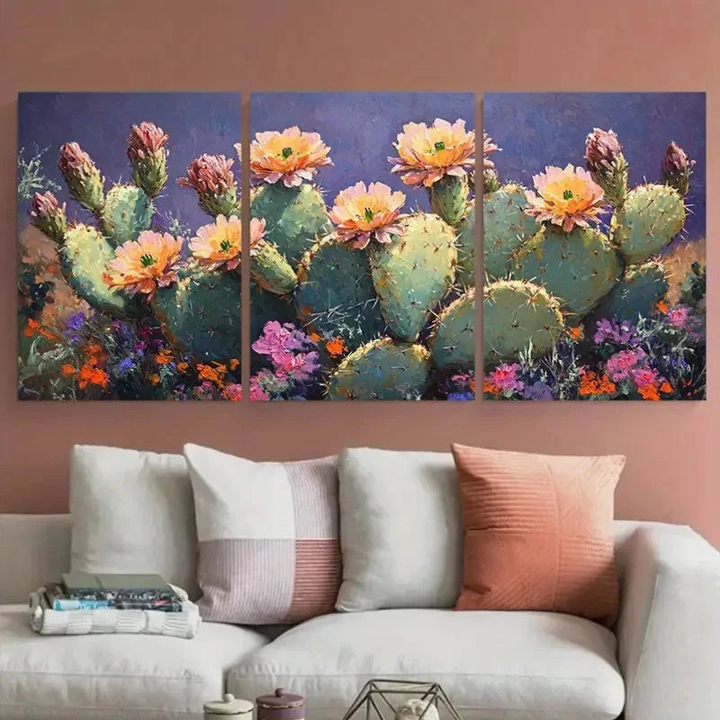 3pcs Blooming Cactus Colorful Impasto Design Metal Print Ready to Hang Art