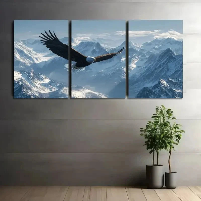 3pcs Eagle Soaring Over Snow-Capped Mountains Metal Print Ready to Hang Art