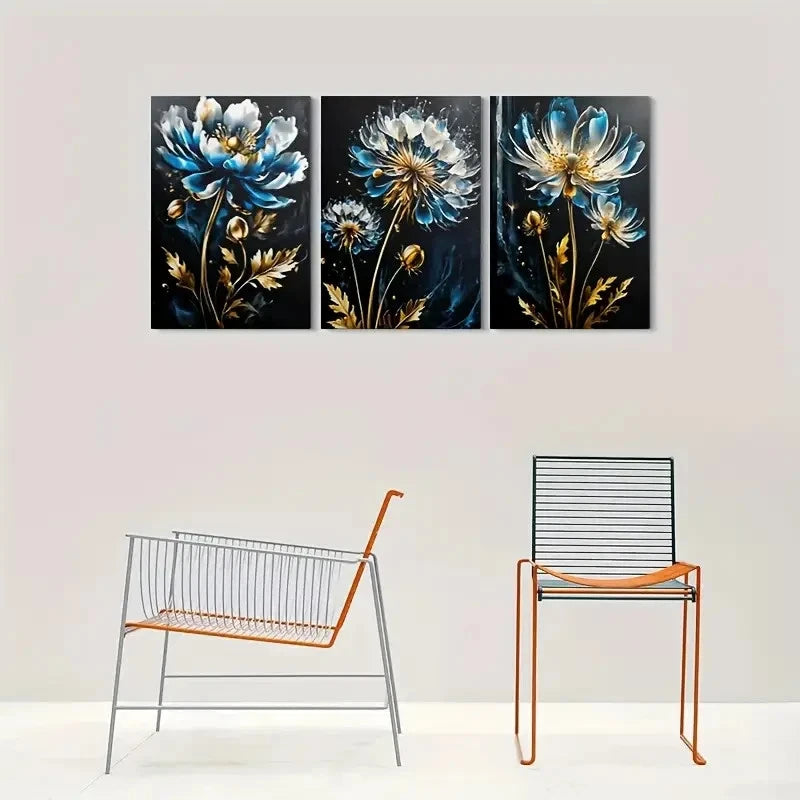 3pcs Abstract Blue and Golden Flowers Metal Print Ready to Hang Art