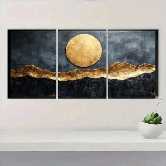 3pcs Modern Beige & Black Abstract Design Metal Print Ready to Hang Art