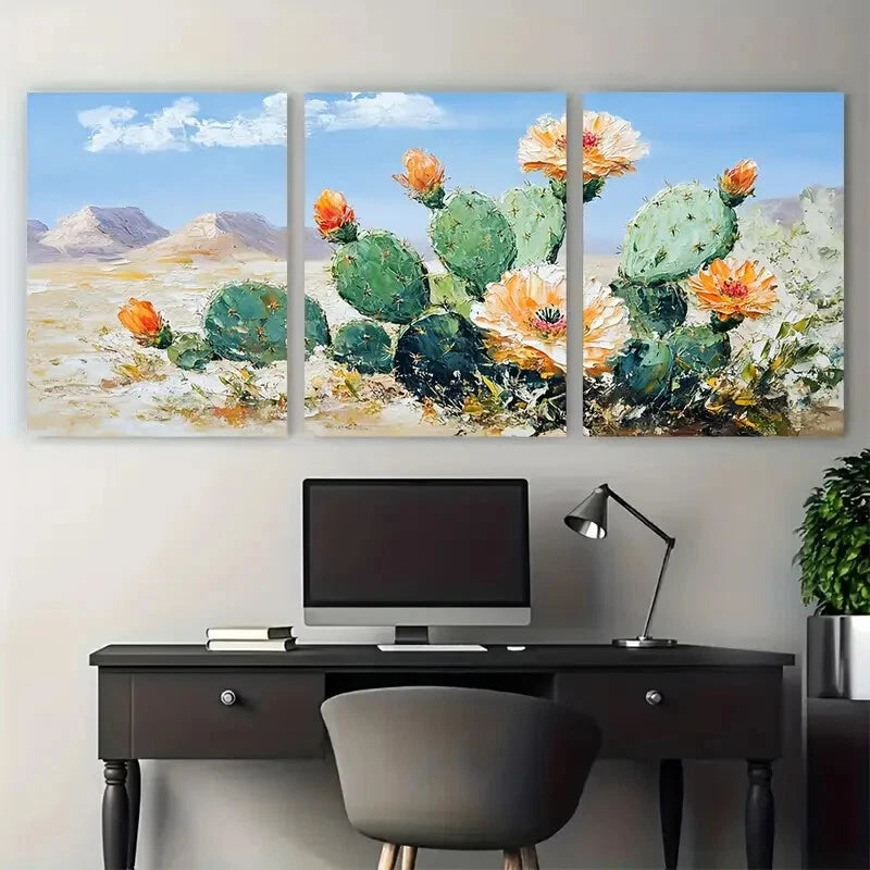 3pcs Serene Cactus Flowers in Desert Metal Print Ready to Hang Art