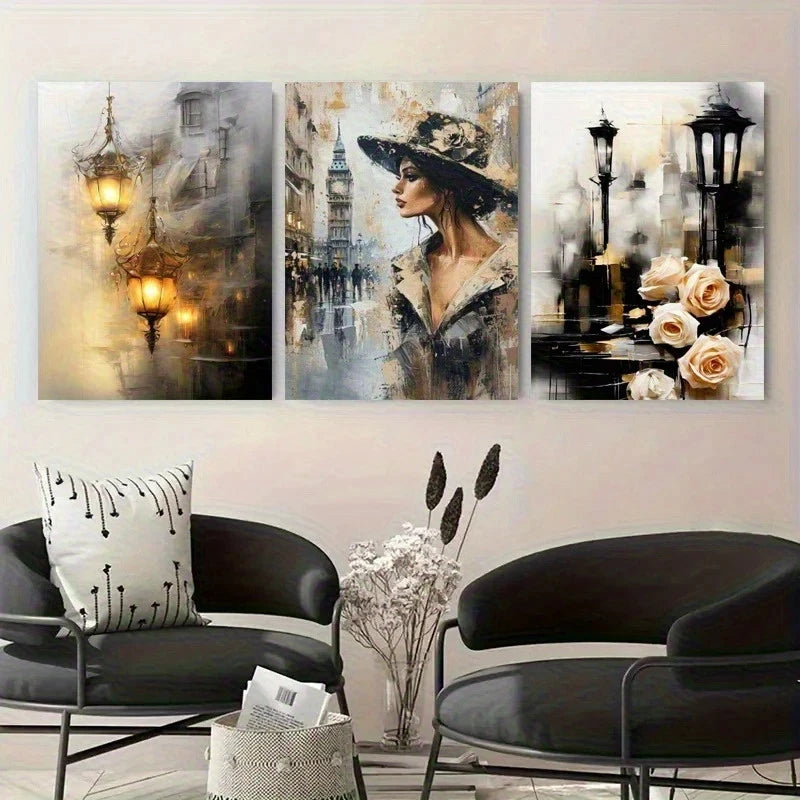 Three artistic wall paintings in a living room setting with modern furniture.