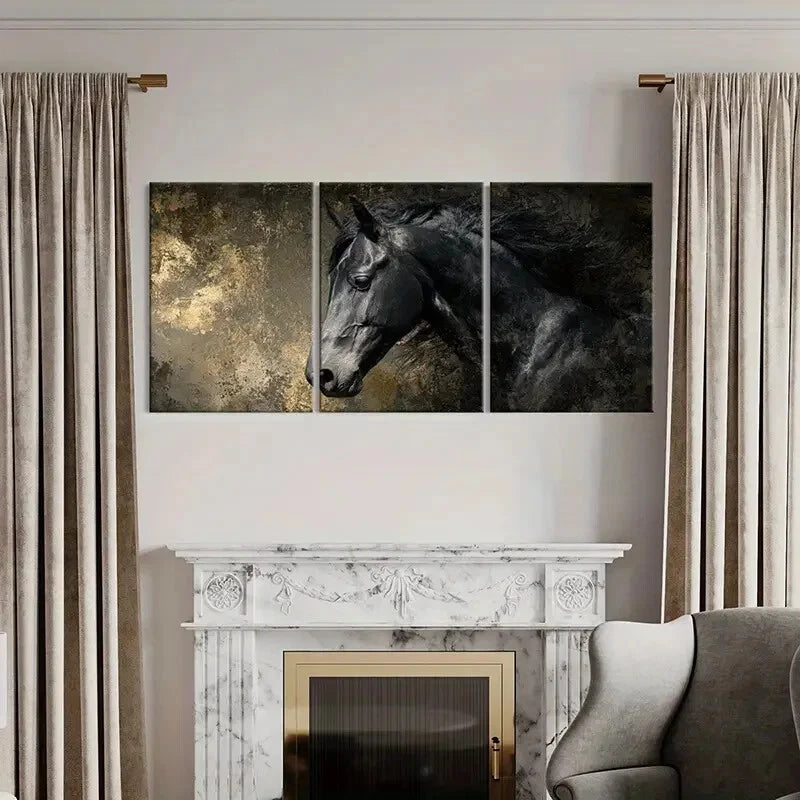 3pcs Black Horse Art Abstract Painting Poster Metal Print Ready to Hang Art