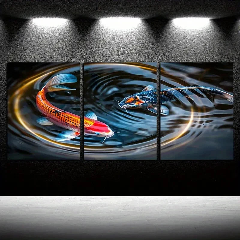 3pcs Two Koi Fish with Magical Circle Design Metal Print Ready to Hang Art