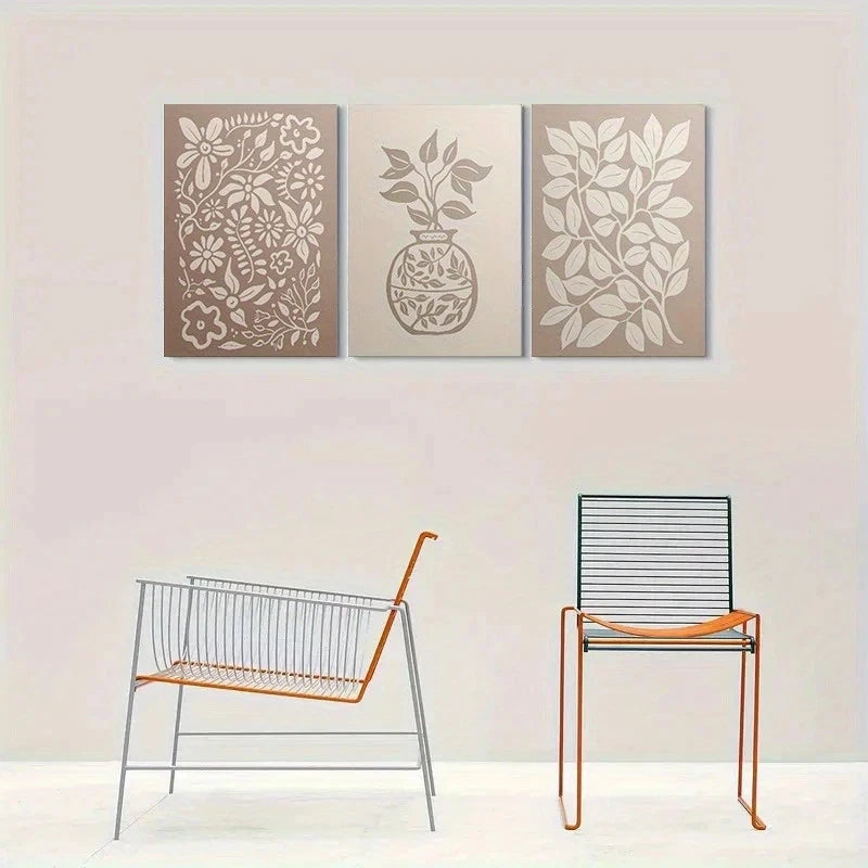 3pcs Abstract Floral Beige White Metal Print Ready to Hang Art