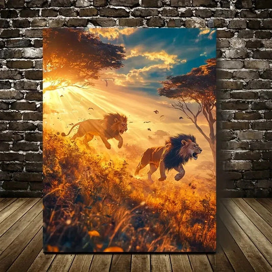 Sunlit Savannah Scene Majestic Lions in Gold Painting 40x60cm Metal Print Ready to Hang