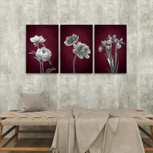 3pcs Burgundy Black And White Floral Metal Print Ready to Hang Art