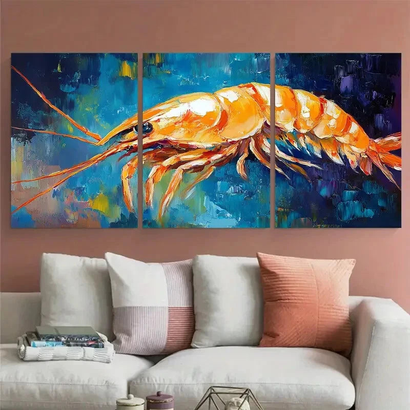 3pcs Vibrant Shrimp Seafood Fish Illustration Metal Print Ready to Hang Art