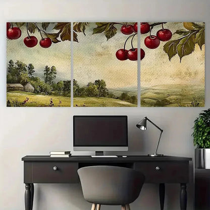 3pcs Cherries Rustic Landscape Farmhouse Metal Print Ready to Hang Art