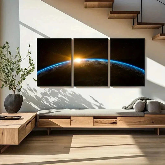3pcs Sunrise Planet Earth from Outer Space Wall Art Set Canvas Framed 40x60cm - High Quality Print 100% Australian Made Wall Canvas Ready to Hang