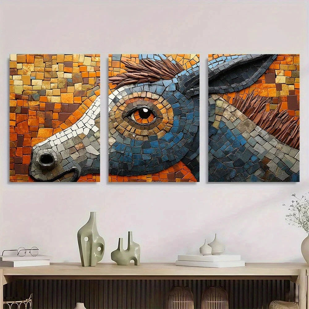 3pcs Donkey Theme Mosaic Golden Eyes Metal Print Ready to Hang Art