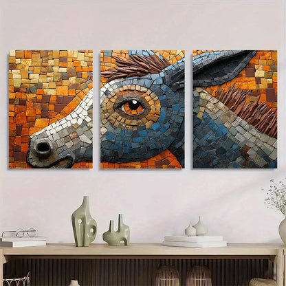 3pcs Donkey Theme Mosaic Golden Eyes Metal Print Ready to Hang Art
