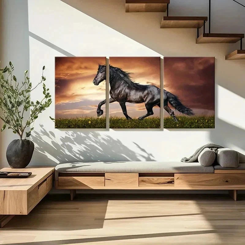 3pcs Majestic Black Horse Running Modern Wall Art Set Canvas Framed 40x60cm - High Quality Print 100% Australian Made Wall Canvas Ready to Hang