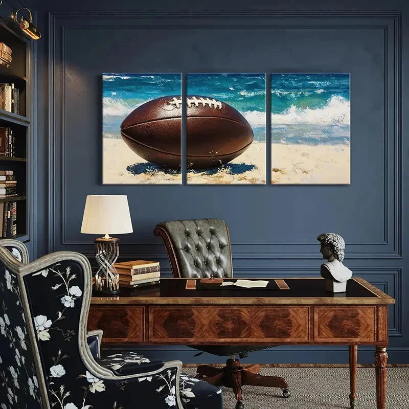 3pcs Ocean Waves Football Art Rugby Sports Theme Metal Print Ready to Hang Art