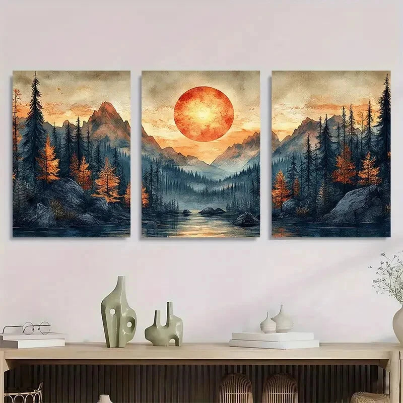 3pcs Abstract Sun Mountain Forest Nature Metal Print Ready to Hang Art