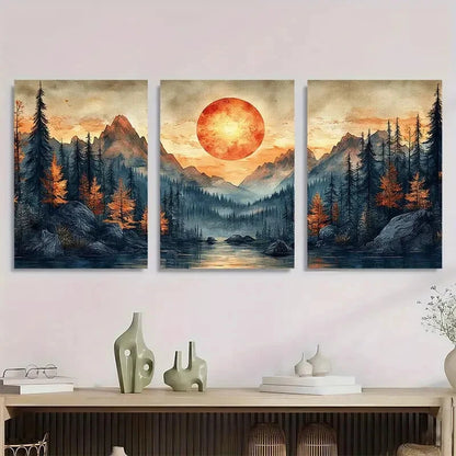 3pcs Abstract Sun Mountain Forest Nature Metal Print Ready to Hang Art