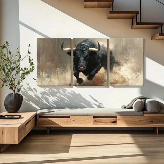 3pcs Artistic Bull Painting Abstract Expressionism Metal Print Ready to Hang Art