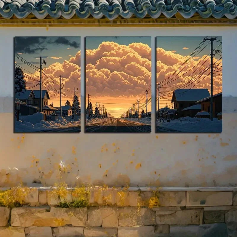 3pcs Scenic Village Winter Sunset Landscape Metal Print Ready to Hang Art