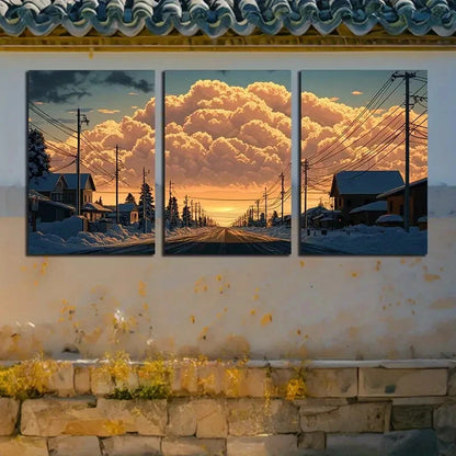 3pcs Scenic Village Winter Sunset Landscape Metal Print Ready to Hang Art