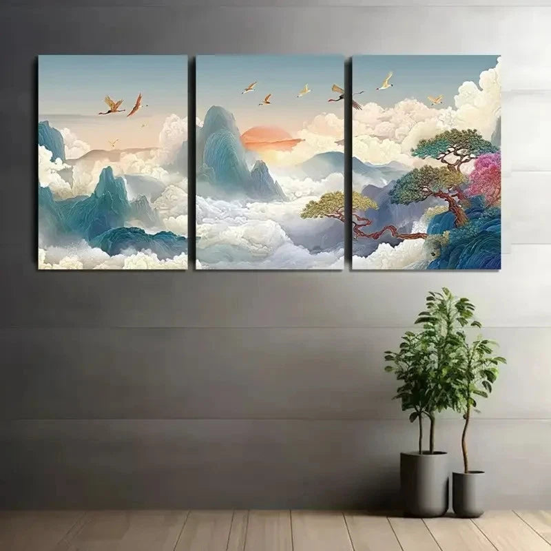 3pcs Sunset with Crane Mountain & Tree Scenery Metal Print Ready to Hang Art