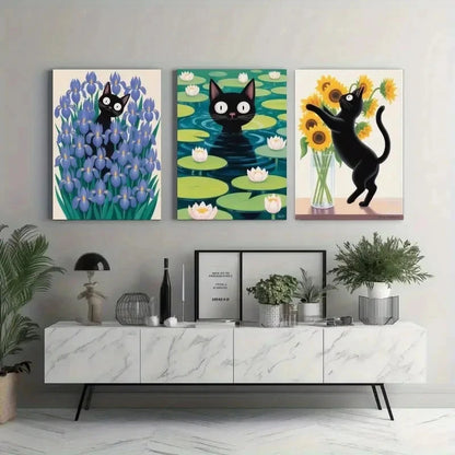 3pcs Paintings of Cats Irises Water Lilies Metal Print Ready to Hang Art