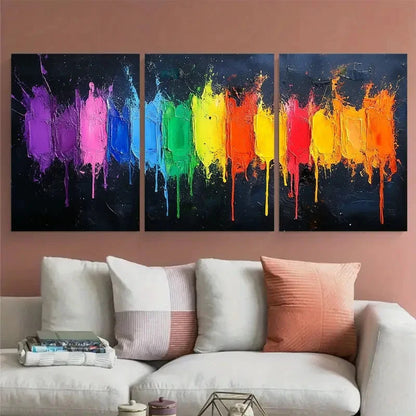 3pcs Vibrant Rainbow Splatter Abstract Modern Metal Print Ready to Hang Art