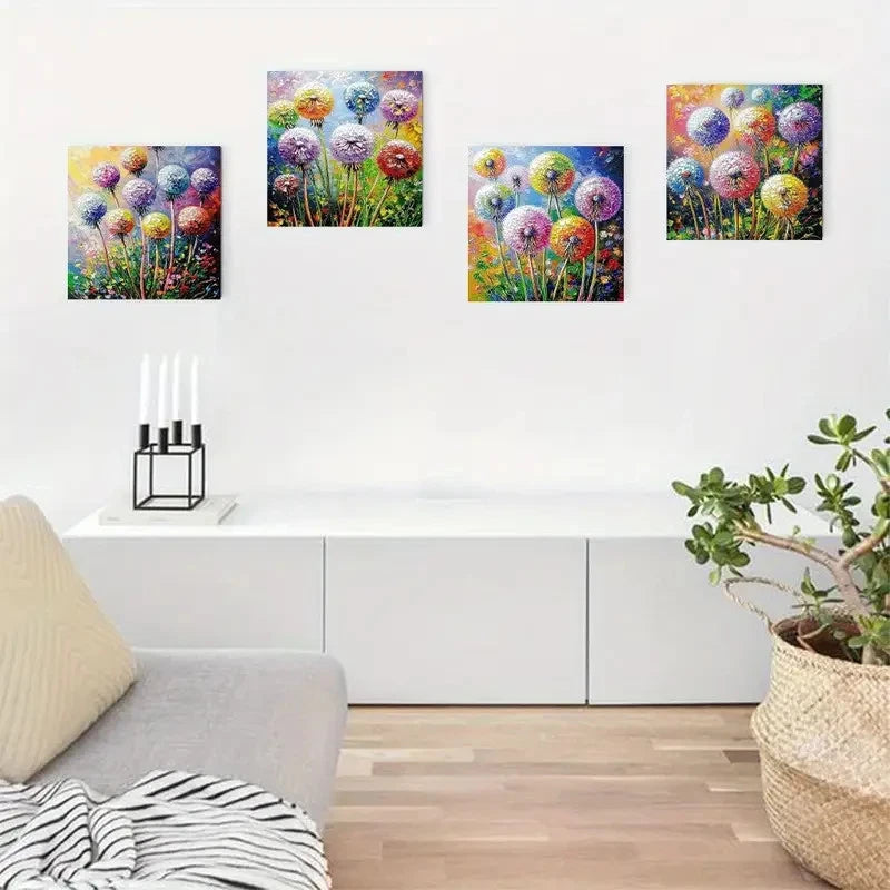 4pcs Colorful Dandelion Pattern Wall Art Canvas Framed
