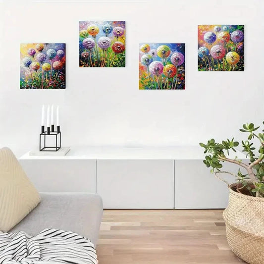 4pcs Colorful Dandelion Pattern Wall Art Canvas Framed
