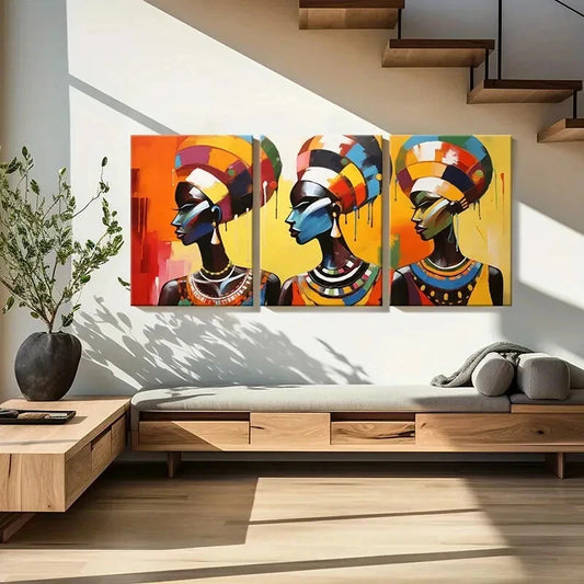 3pcs Abstract African Art Colorful Headdresses Metal Print Ready to Hang Art