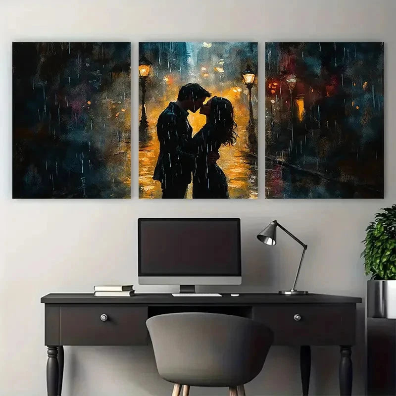 3pcs Romantic Couple Kissing in Rainy City Street Metal Print Ready to Hang Art