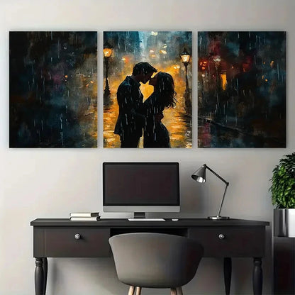 3pcs Romantic Couple Kissing in Rainy City Street Metal Print Ready to Hang Art