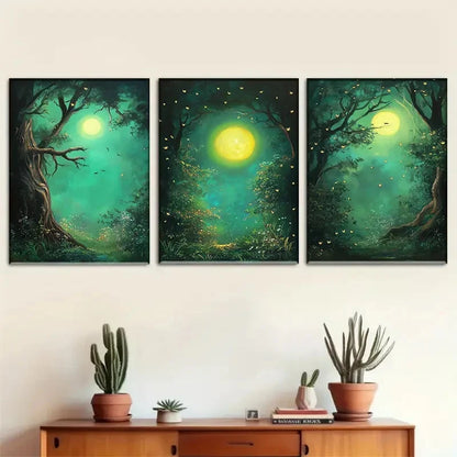 3pcs Enchanted Moonlit Forest Green Nature Metal Print Ready to Hang Art