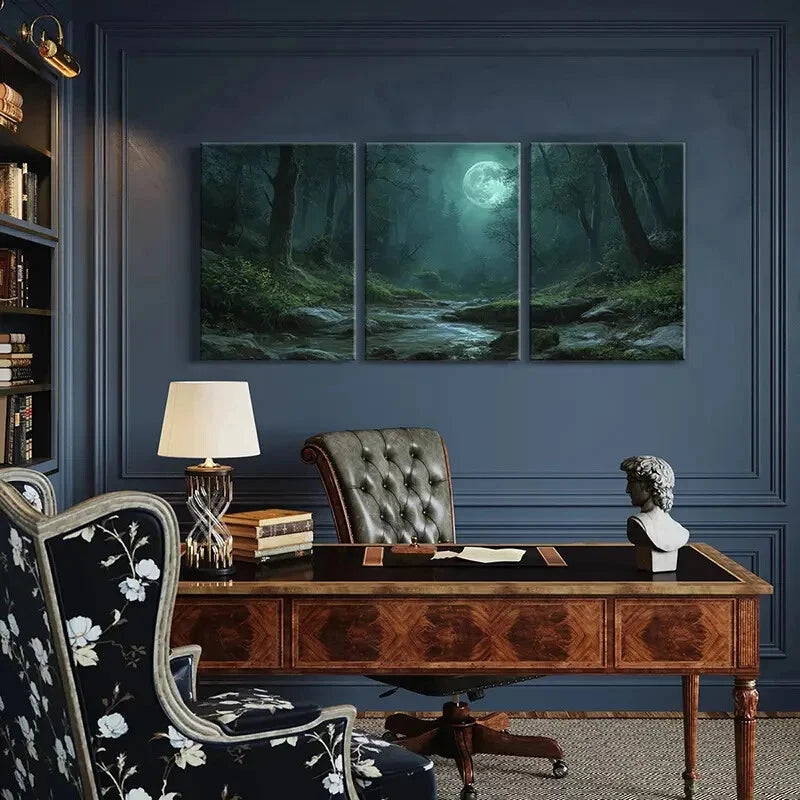 3pcs Moonlit Forest Stream Mystical Night Scene Metal Print Ready to Hang Art