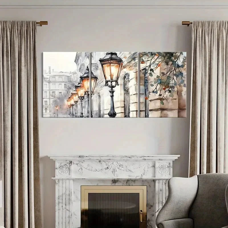 3pcs Street Lamps Watercolor Style Art Metal Print Ready to Hang Art