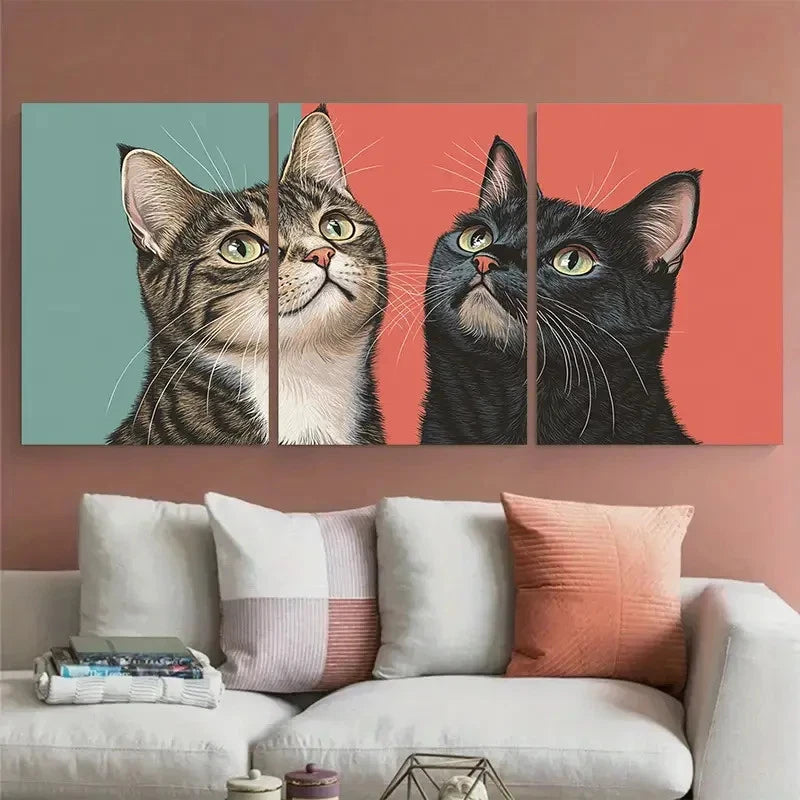 3pcs Couple Tabby Cats Portrait Retro Minimalist Wall Art Set Canvas Framed 40x60cm - High Quality Print 100% Australian Made Wall Canvas Ready to Hang