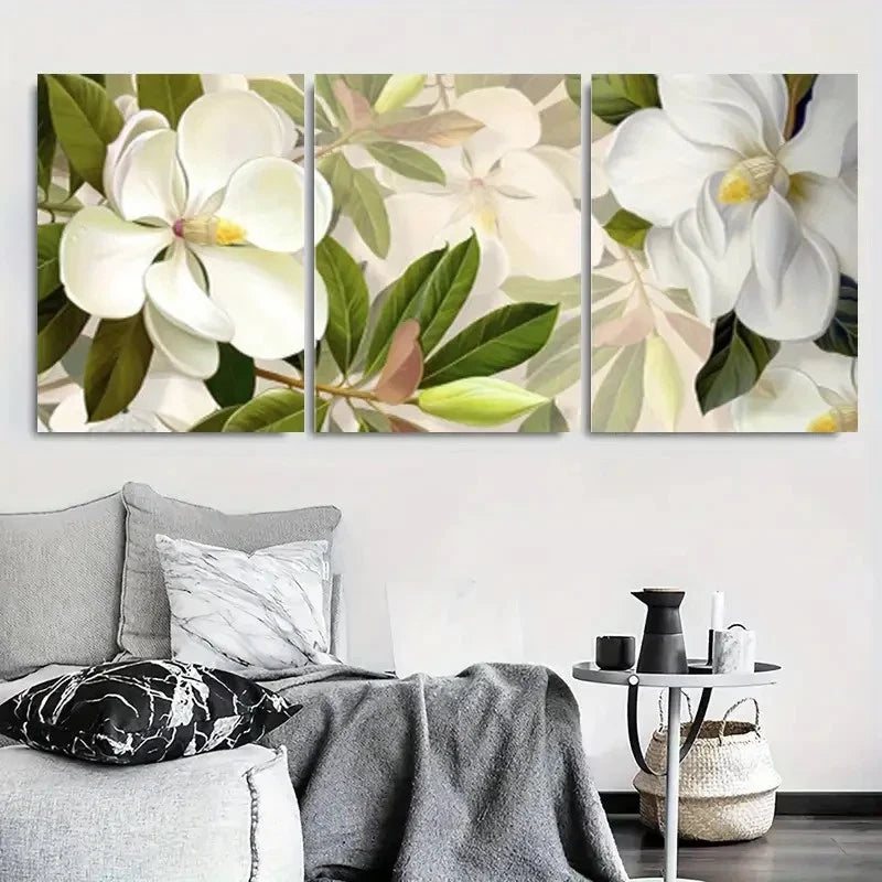3pcs White Magnolia Bloom Botanical Branch Metal Print Ready to Hang Art