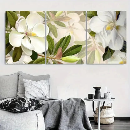 3pcs White Magnolia Bloom Botanical Branch Metal Print Ready to Hang Art
