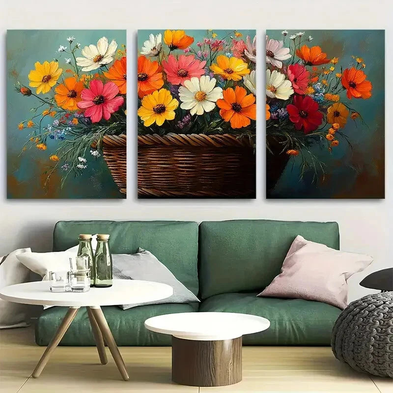 3pcs Rustic Wildflower Basket Meadow Blooms Design Metal Print Ready to Hang Art