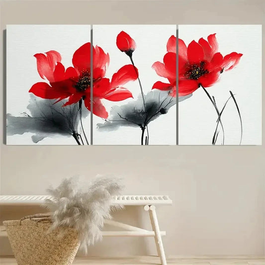 3pcs Chinese Red Lotus Botanical Zen Nature Wall Art Set Canvas Framed 40x60cm - High Quality Print 100% Australian Made Wall Canvas Ready to Hang