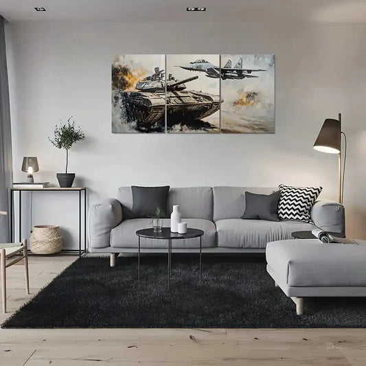 3pcs Warfare Trilogy Tank Fighter Jet Metal Print Ready to Hang Art