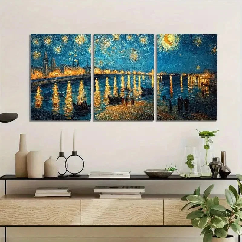 3pcs Starry Night in Vincent Van Gogh'S Style Metal Print Ready to Hang Art