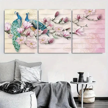 3pcs Elegant Peacock & Magnolia Floral Metal Print Ready to Hang Art