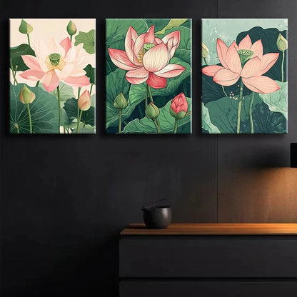 3pcs Pink Lotus Flowers Elegant Floral Metal Print Ready to Hang Art